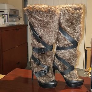 Two Lips Faux Fur & Leather 5" High Heel Tall Boot